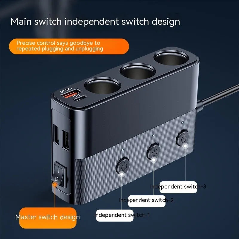 Black multi-port car charger with USB, QC, and PD ports plugged into a vehicle cigarette lighter socket.