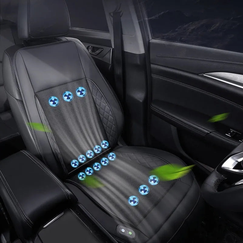 Car ventilation cushion with fan in black fabric, 12V model with 8 fan vents on car seat