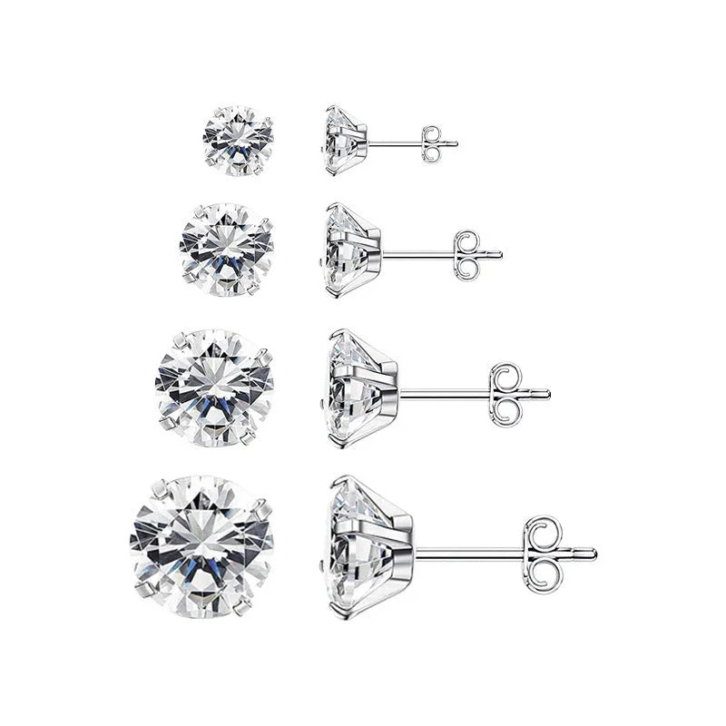 Titanium steel geometric zircon stud earrings in round and square designs with gold and steel colour options