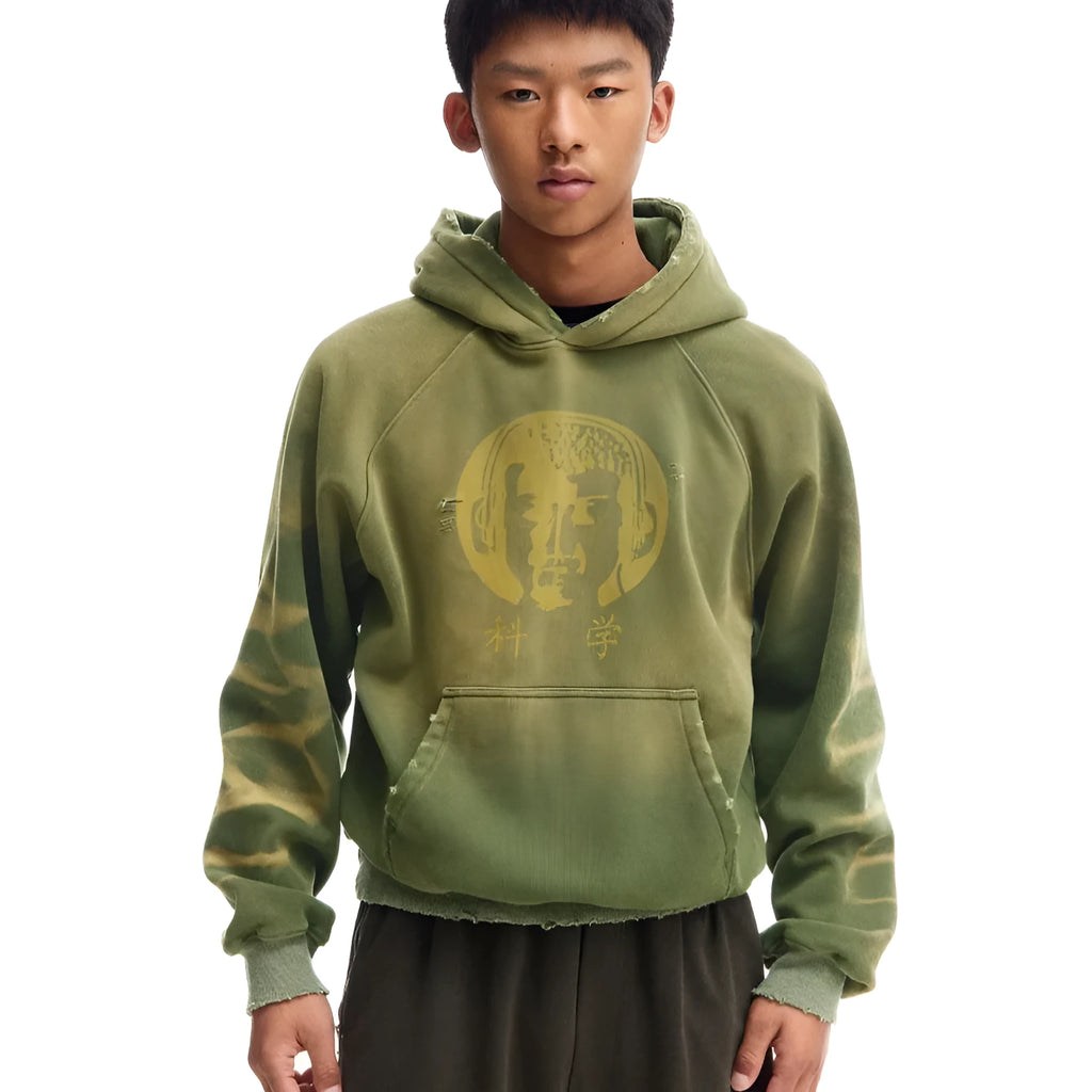 Green loose-fit hooded velvet cardigan with long sleeves, front view, featuring Science And Reason Buddha print