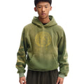 Green loose-fit hooded velvet cardigan with long sleeves, front view, featuring Science And Reason Buddha print