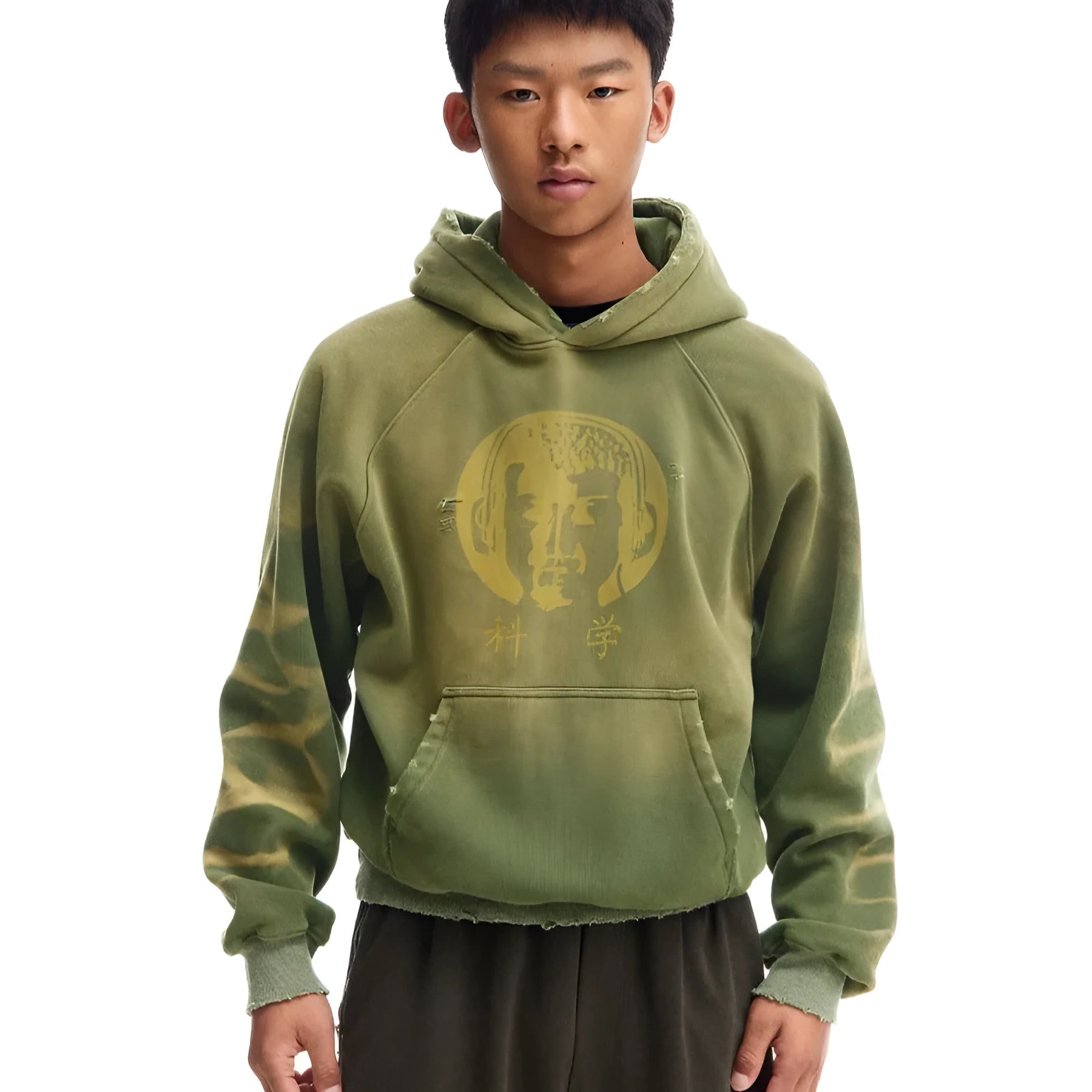 Green loose-fit hooded velvet cardigan with long sleeves, front view, featuring Science And Reason Buddha print