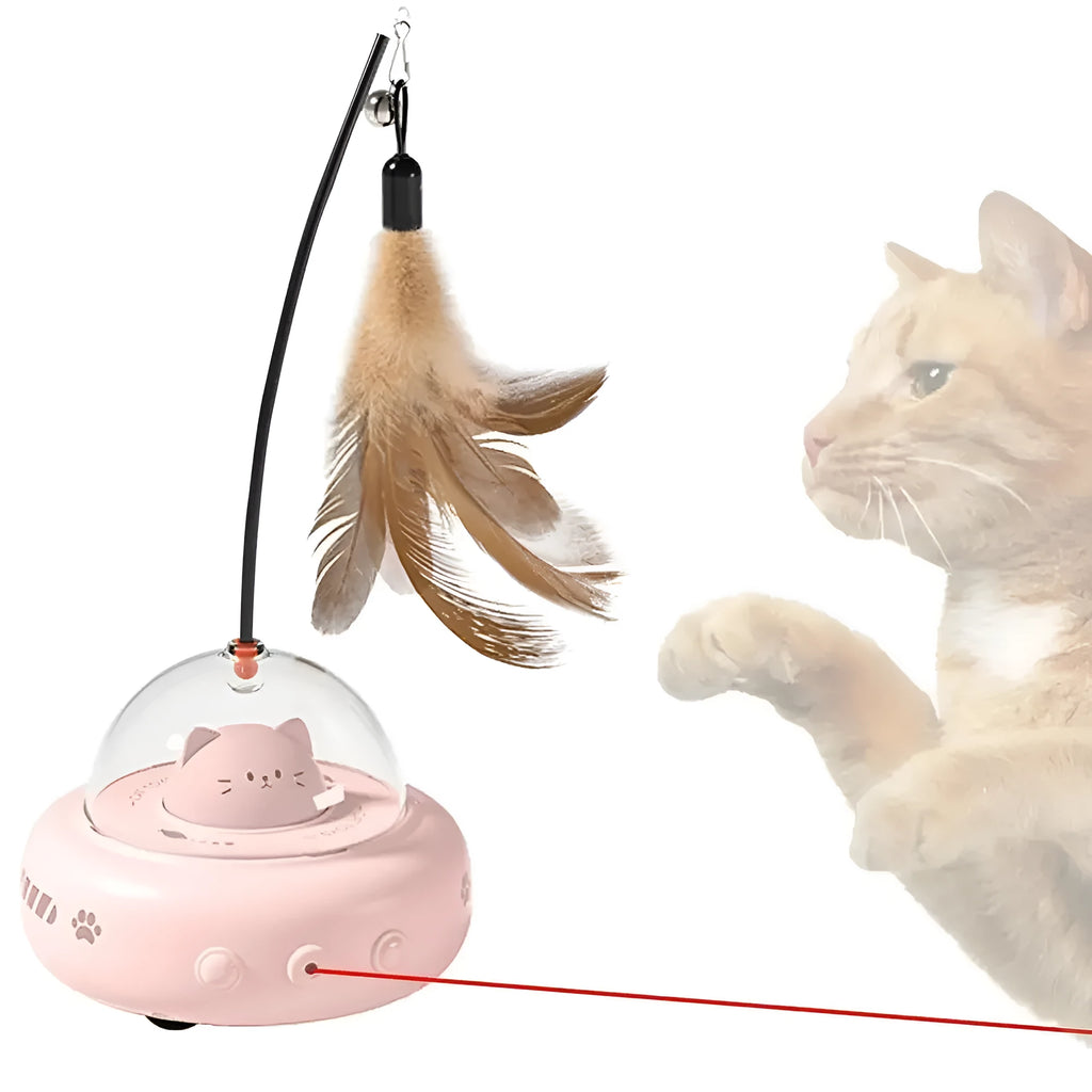 Electric cat interactive toy with pink feather wand and red light beam on a white floor