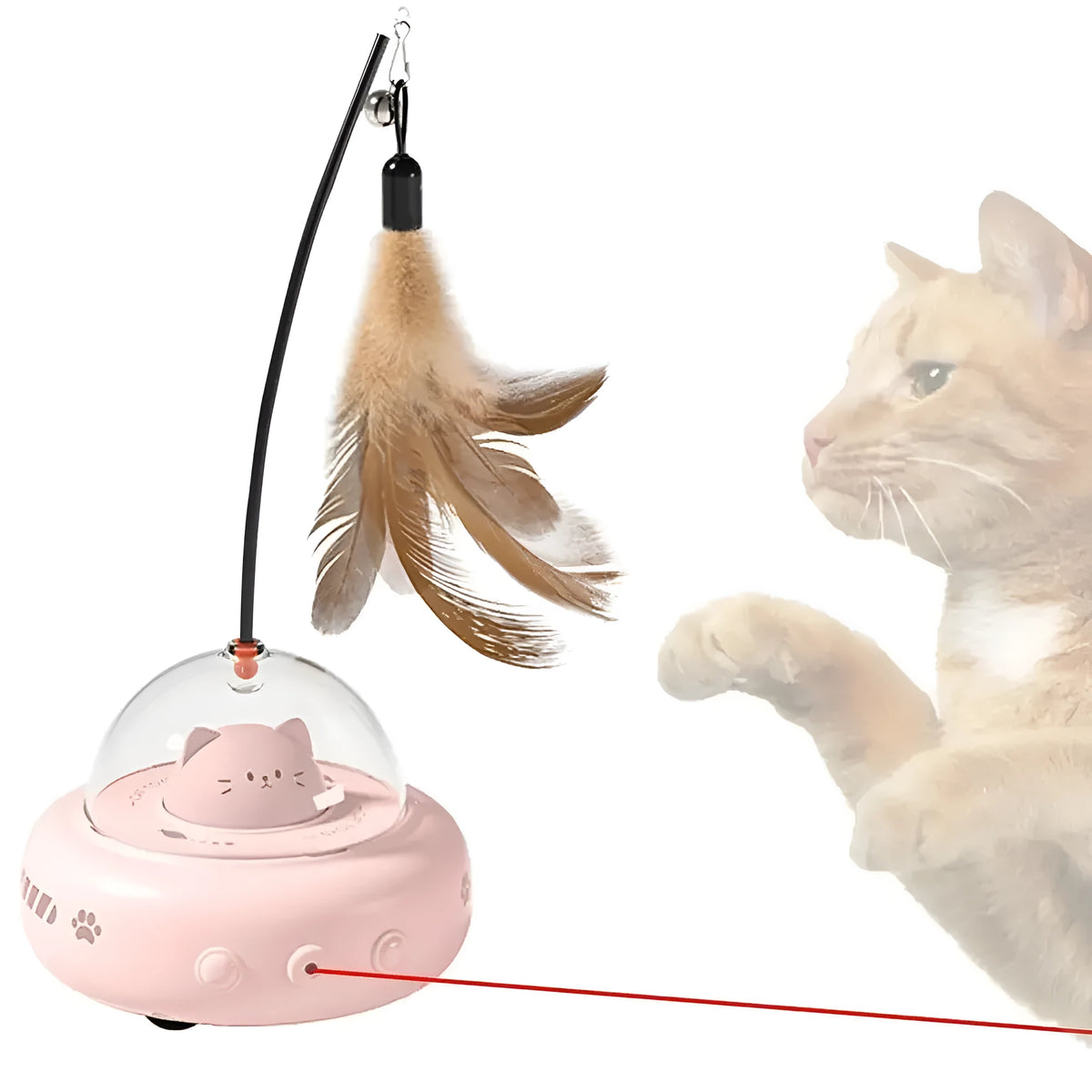 Electric cat interactive toy with pink feather wand and red light beam on a white floor