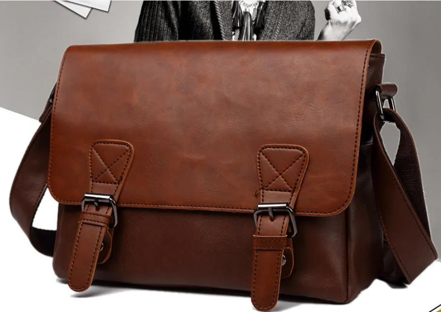 Men's PU leather vintage one-shoulder satchel with plaid pattern, black and brown options, 28x33x8cm