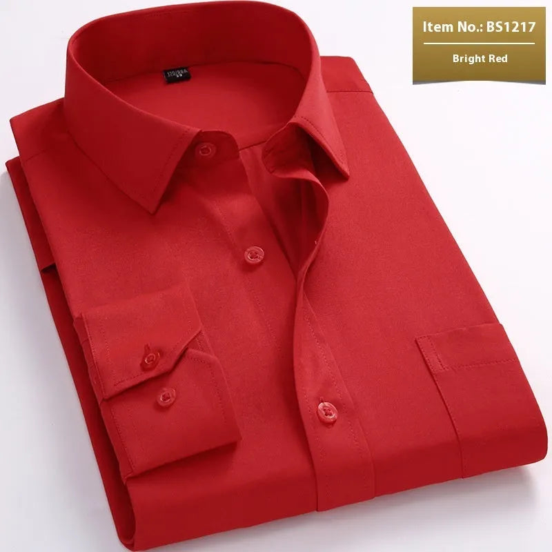 Men's long sleeve white linen business shirt with button front and classic collar