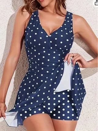 Women's blue polka dot print plus size bikini set with brief shorts