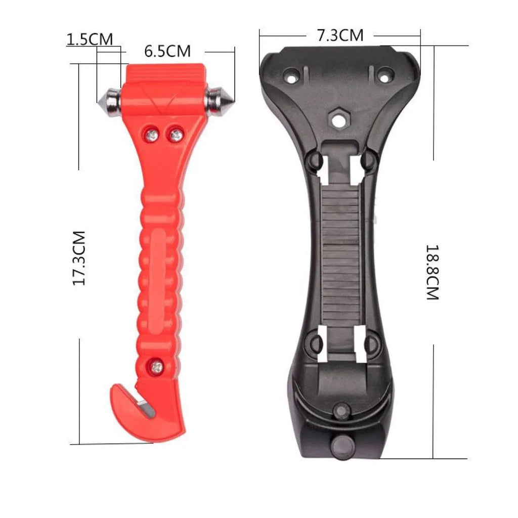 Red car emergency safety hammer with window breaker tip and seatbelt cutter blade