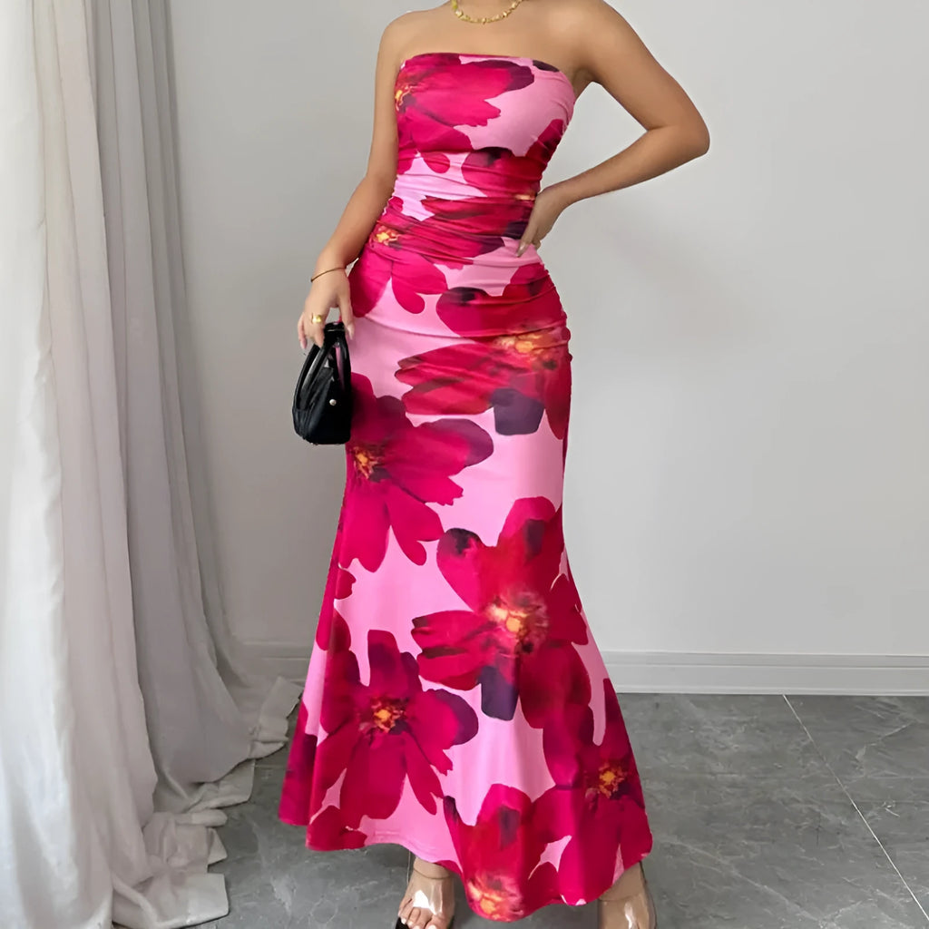 Pink flower printed slim fit long dress with high waist and sleeveless design
