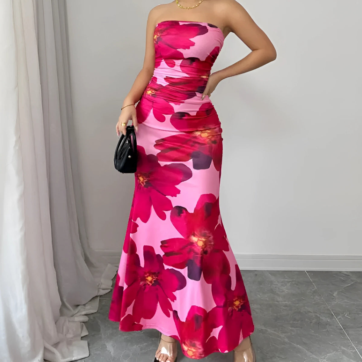 Pink flower printed slim fit long dress with high waist and sleeveless design