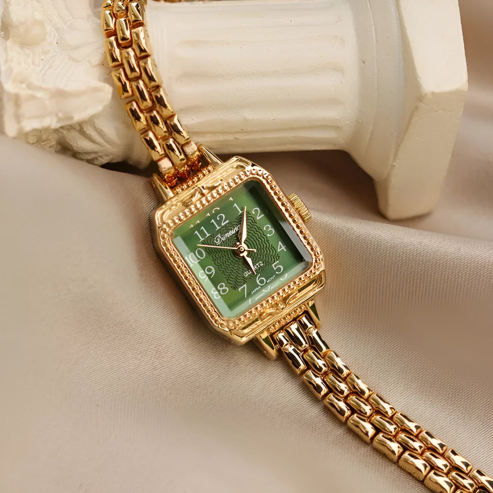 Women's square copper strips mid-ancient watch with green dial and gold strap