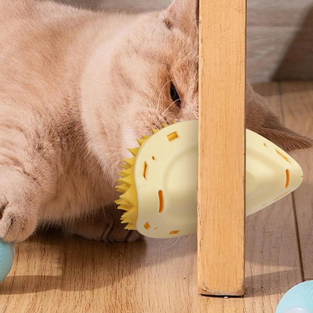 Yellow durian-shaped cat corner scratcher with massage comb and catnip for indoor cats