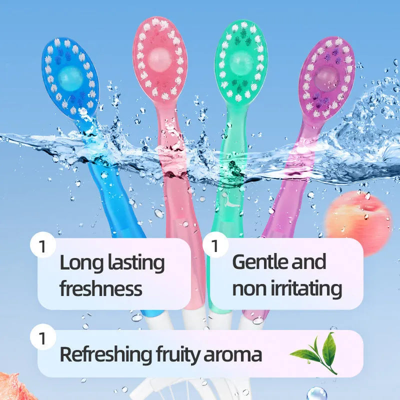 Exploding bead disposable mini toothbrush with toothpaste beads in four flavours for travel