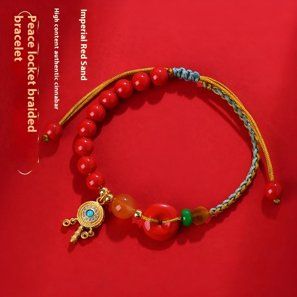 Hand-woven cinnabar peace buckle bracelet in emperor red sand colour with geometric pattern