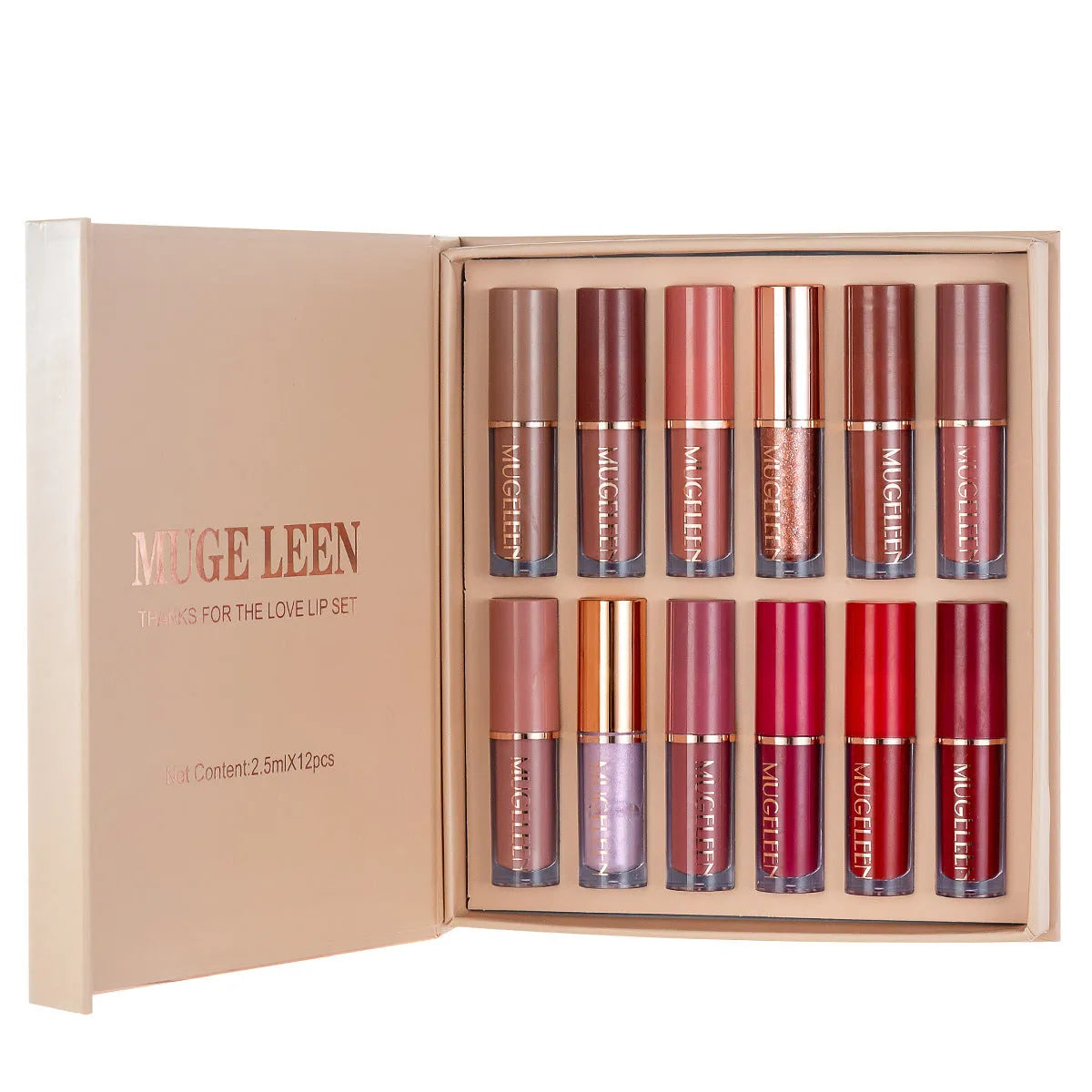 12-piece matte shimmer lip glaze set in neutral colours with no-stain on cups formula