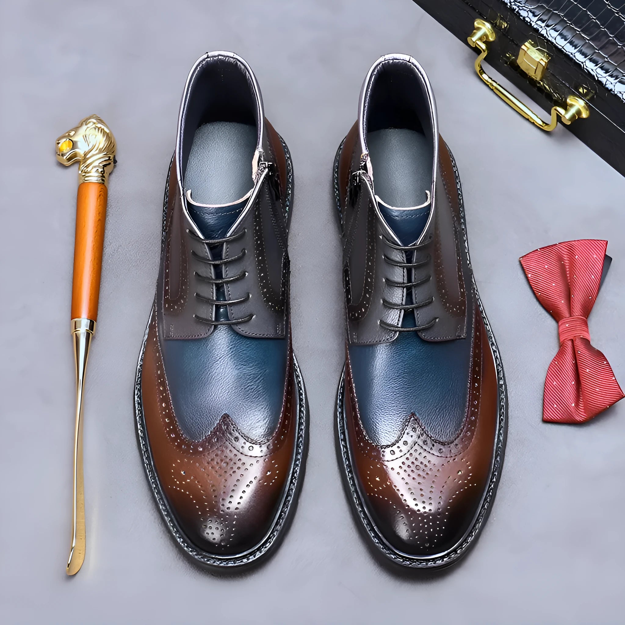 Men's coffee blue leather brogue boots with stitching detail and square low heel