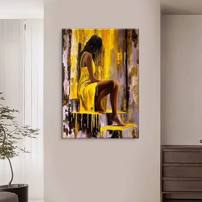Hand-painted oil painting of a girl in a yellow dress on vertical canvas for living room wall decor