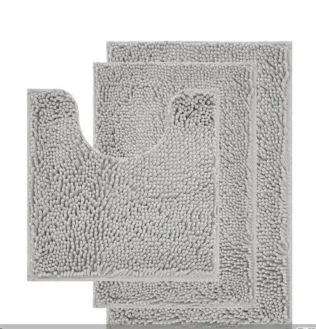 Chenille long hair three-piece bathroom mat set showing square, rectangular, and U-shaped pieces in a modern colour.