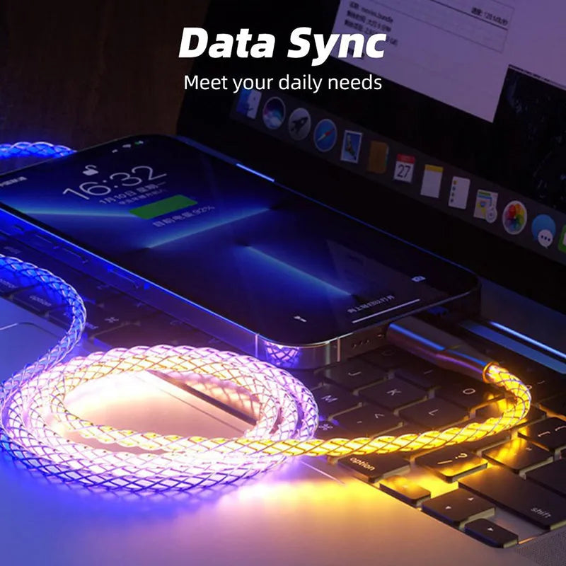 1.2 metre colourful gradient charging cable with lightning, micro USB, and type-C connectors