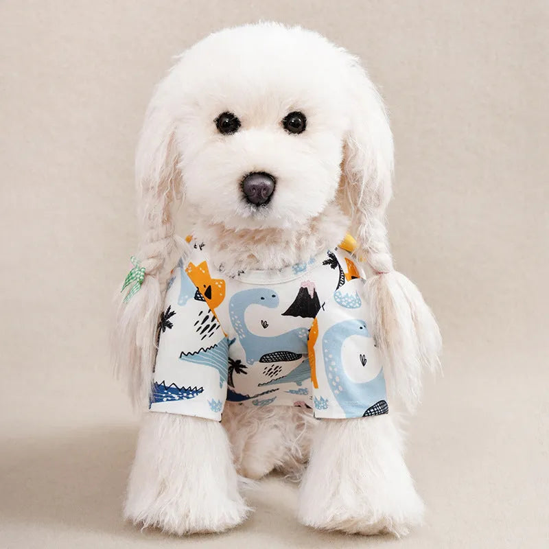 Small dog wearing a full printed casual t-shirt for spring and autumn.