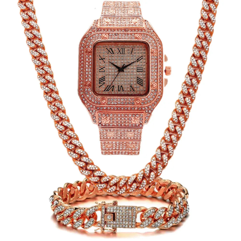 Roman grain graduation quartz watch set with square diamond dial, black mesh band, bracelet and necklace in gold, rose gold or silver.