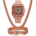 Roman grain graduation quartz watch set with square diamond dial, black mesh band, bracelet and necklace in gold, rose gold or silver.
