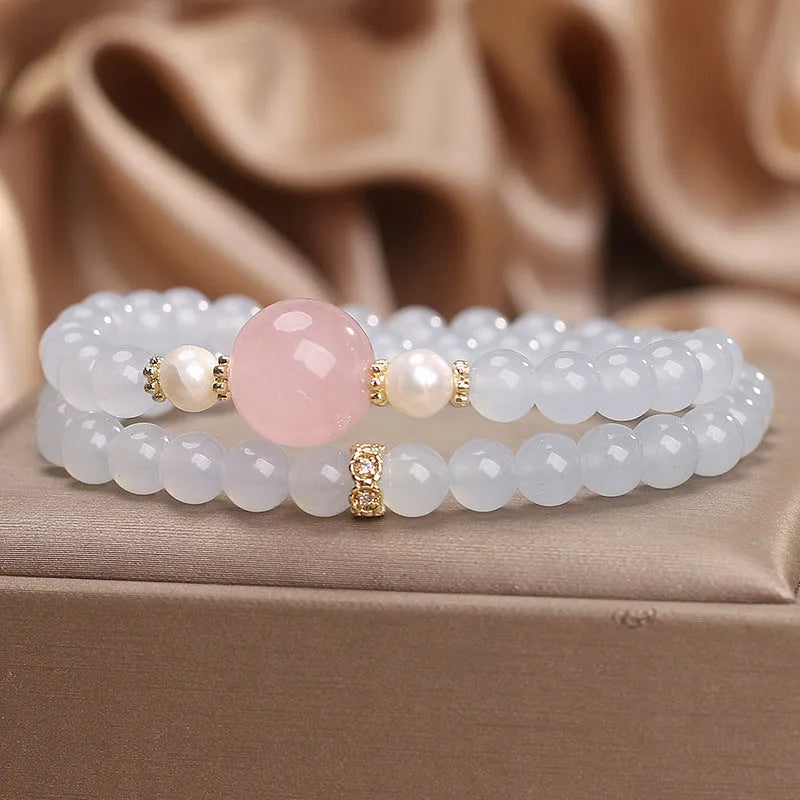 Natural aquamarine double ring bracelet polished finish light luxury minority style women