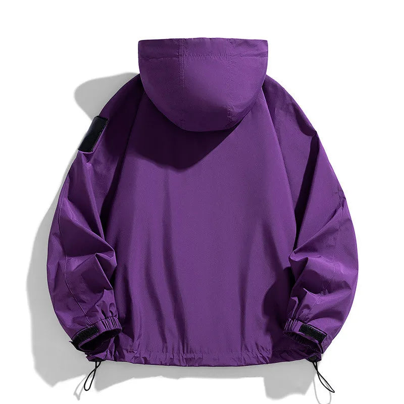 Men's black hooded waterproof windproof jacket on a hanger