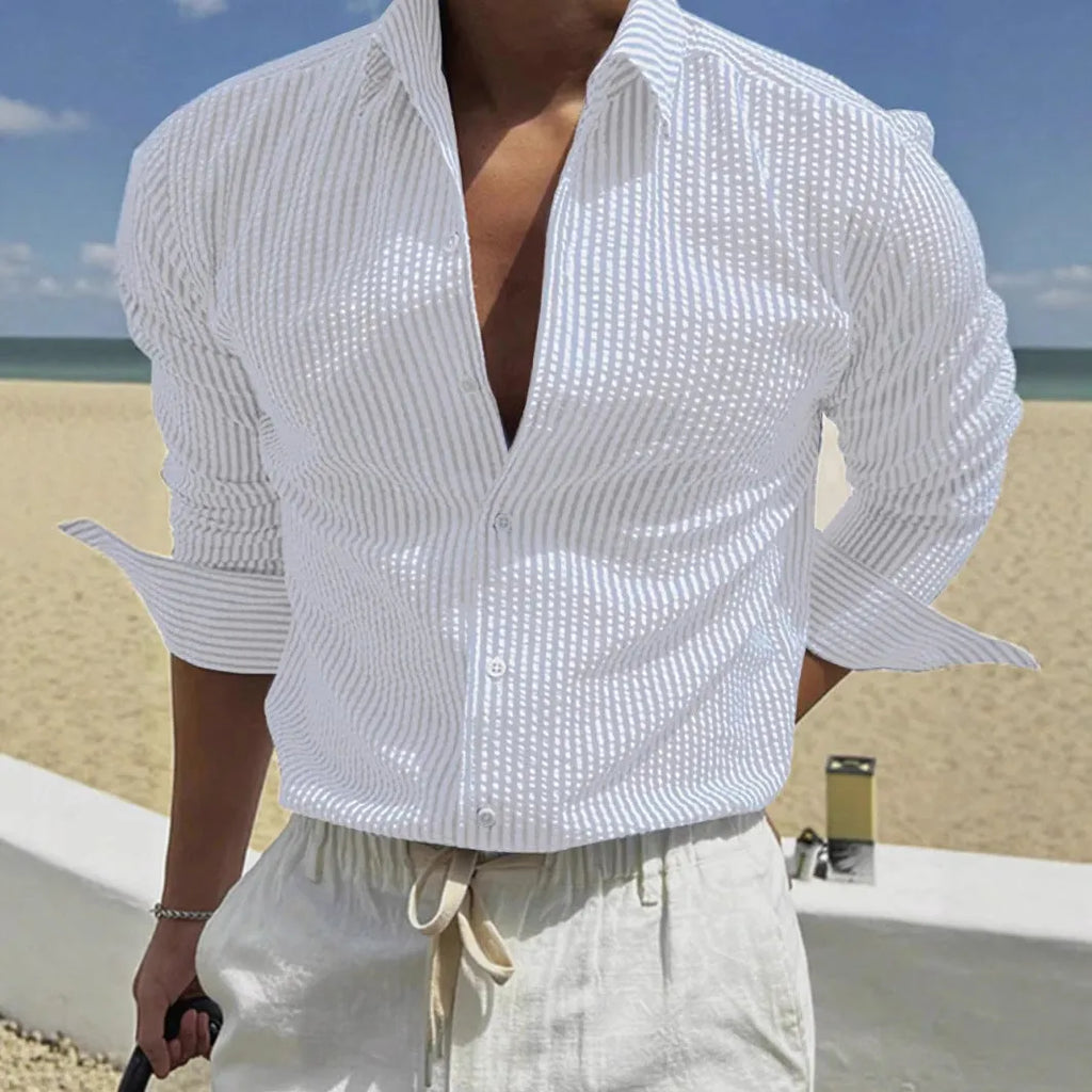 Man's blue and white striped long sleeve shirt with a cardigan lapel collar