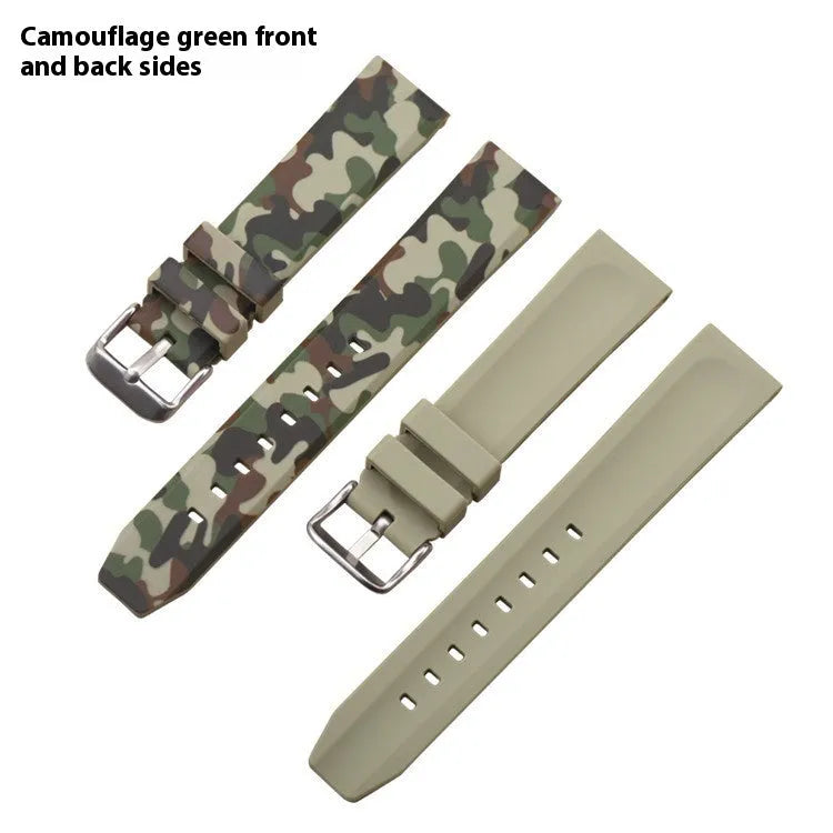 Green camouflage silicone watch strap for flat head watches, shown next to blue and grey pattern options