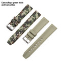 Green camouflage silicone watch strap for flat head watches, shown next to blue and grey pattern options