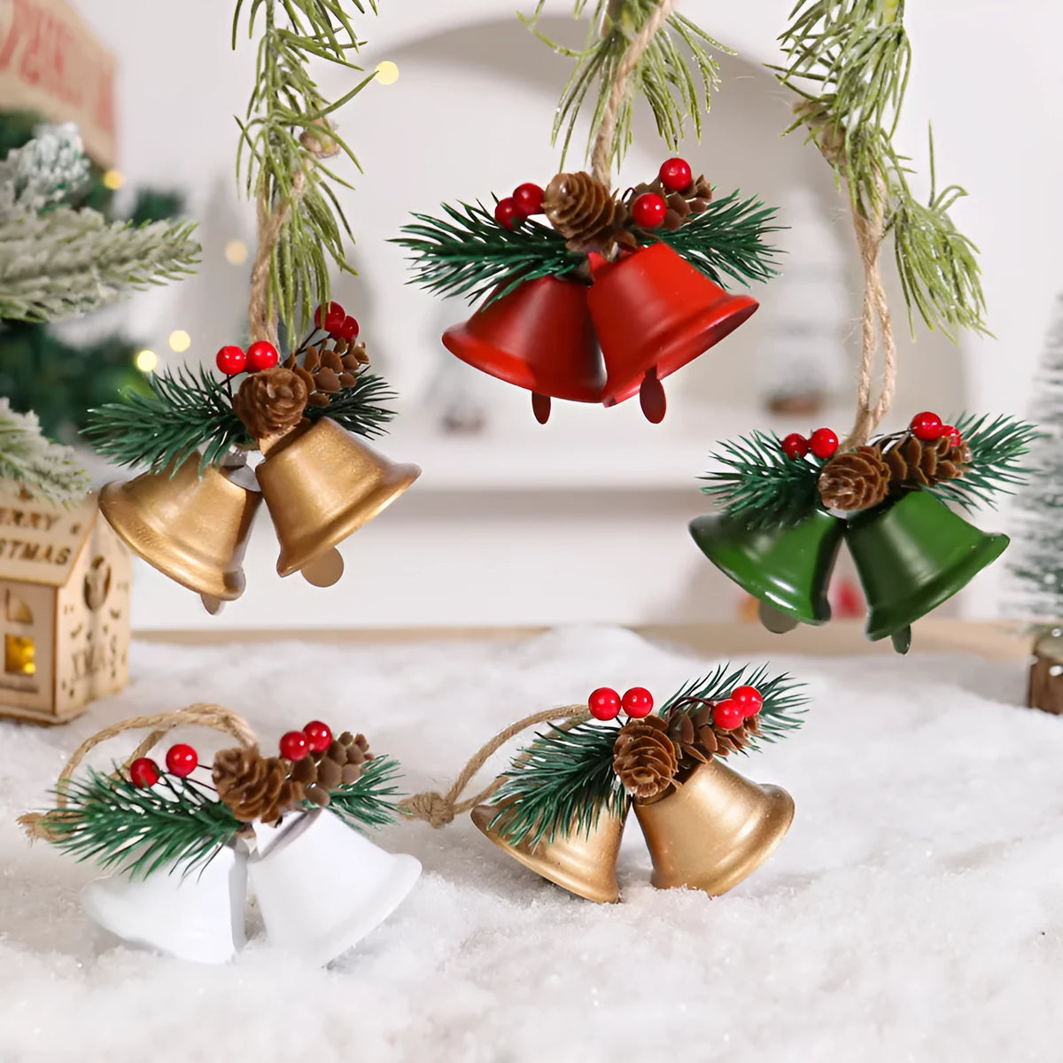 Wrought iron pine cone double bell Christmas pendant in gold colour with loop hanger