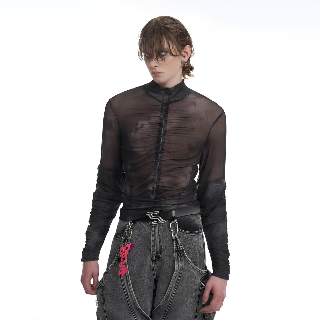 Men's black grey half turtleneck long sleeve t-shirt with mesh fabric and zipper bottom hem detail