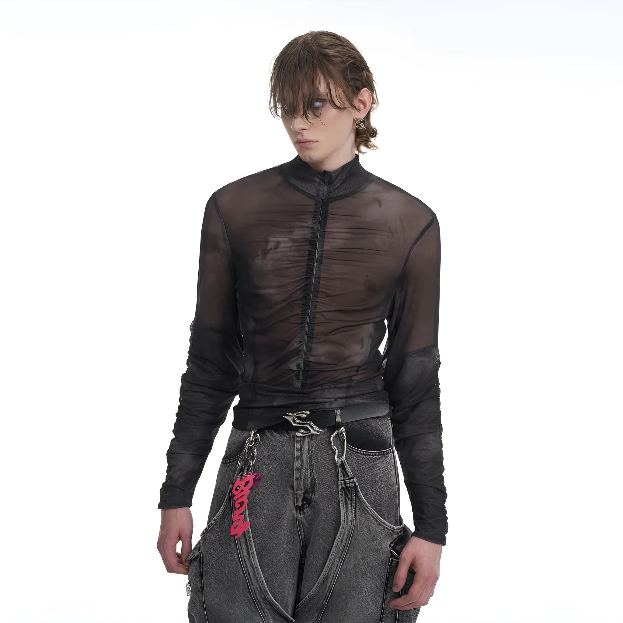 Men's black grey half turtleneck long sleeve t-shirt with mesh fabric and zipper bottom hem detail