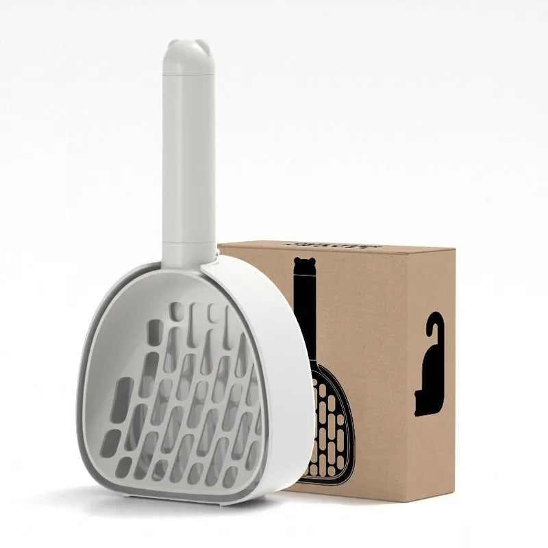 White ABS plastic cat litter scoop with storage base and hidden waste bag compartment