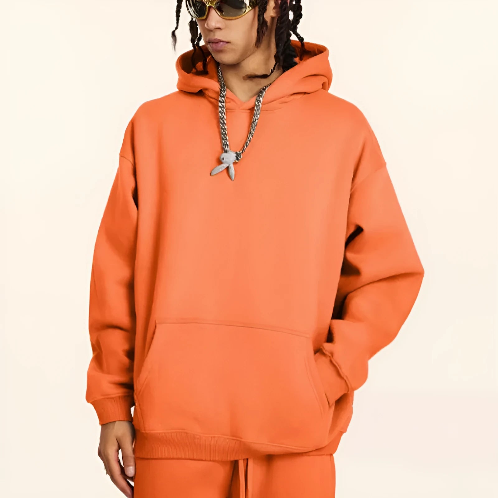 Men's cotton terry hooded sweater in loose fit with drop shoulder sleeves