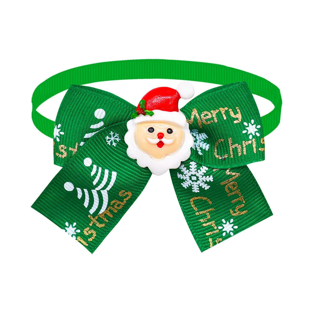 Red and green British style polyester bow tie accessory with elastic band for pet, doll or Christmas tree.