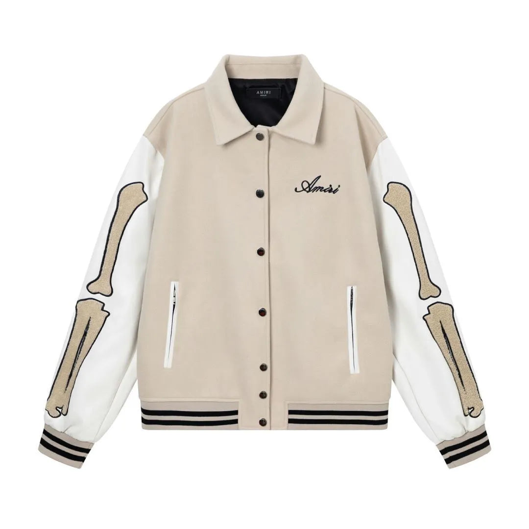 Apricot and brown embroidered bone pattern wool jacket for autumn and winter.