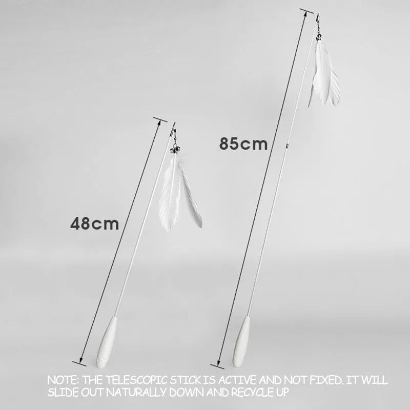 Telescopic cat fishing rod toy with goose feather lures and a bell, shown extended and collapsed.