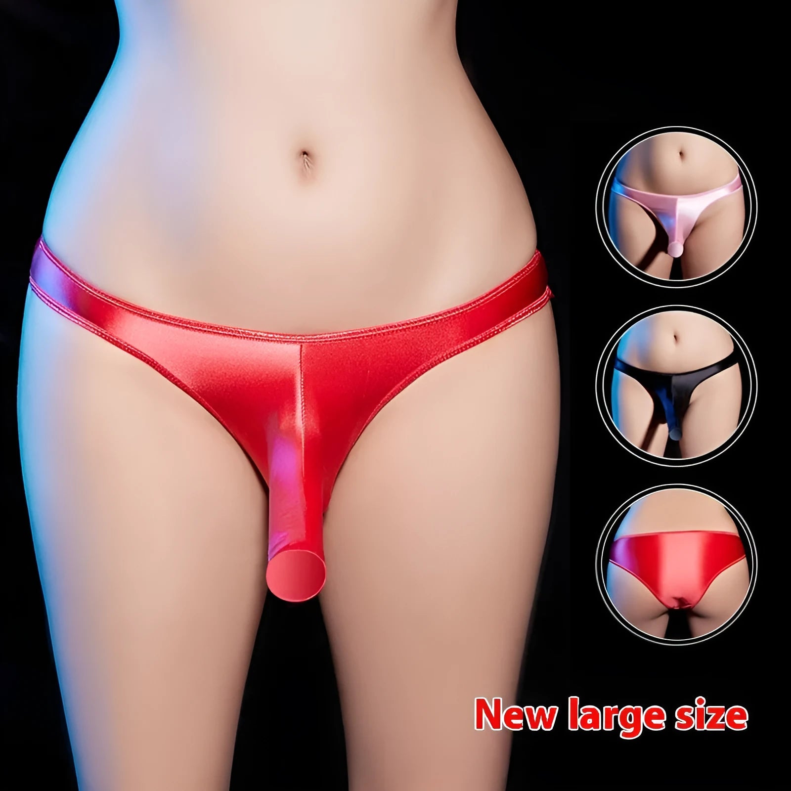 Men's shiny black nylon low-waist T-back underwear laid flat.