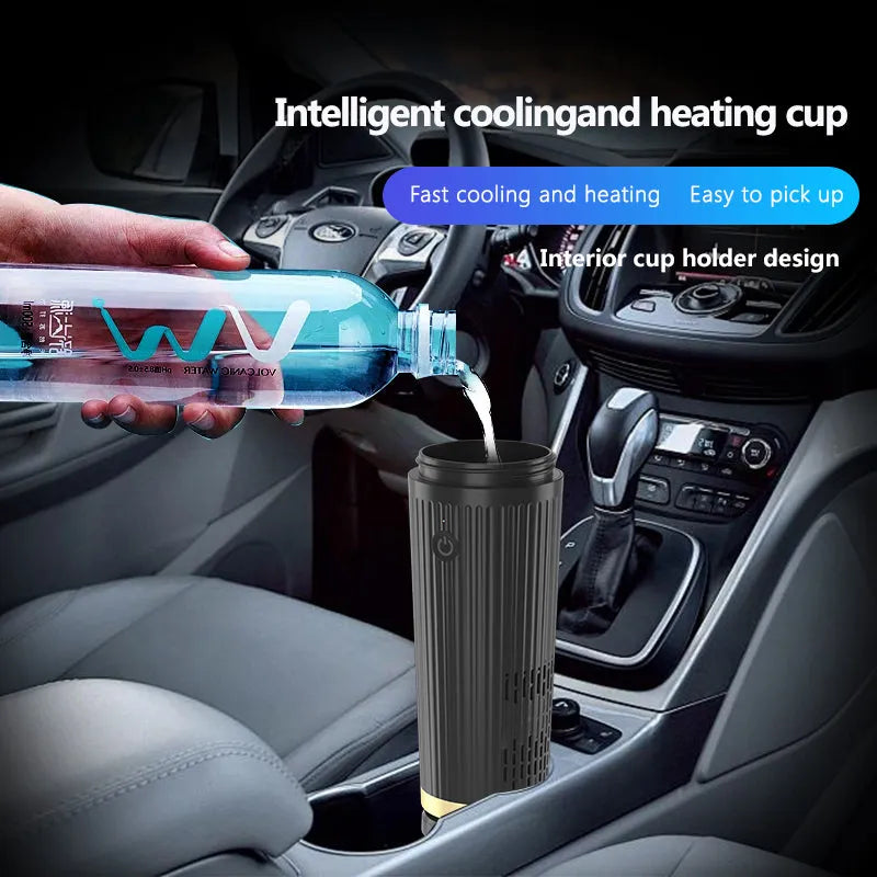 Smart heating and cooling cup in black plastic with white interior and 12V car plug