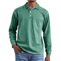 Men's long-sleeve distressed cotton polo shirt with a lapel collar in army green.