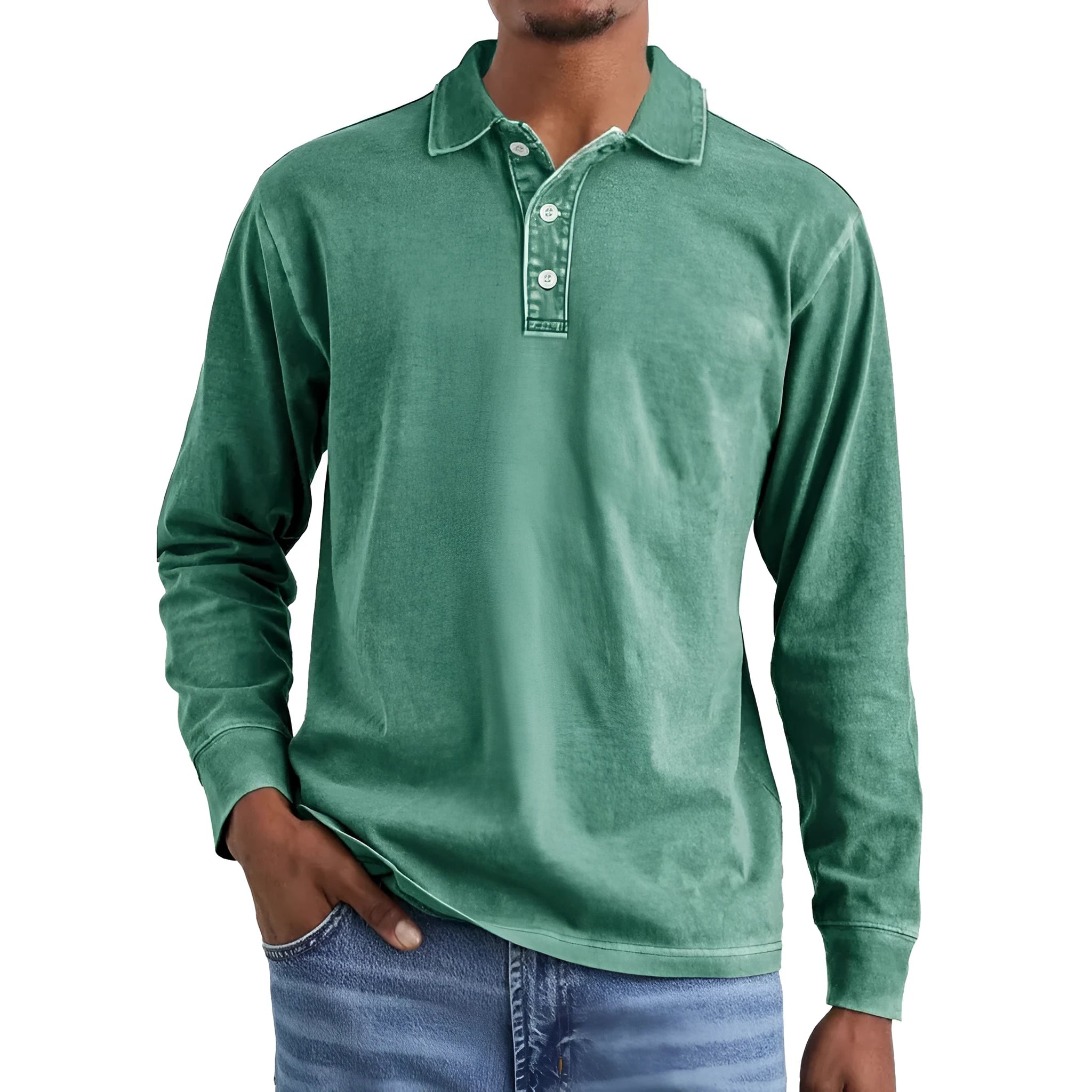 Men's long-sleeve distressed cotton polo shirt with a lapel collar in army green.