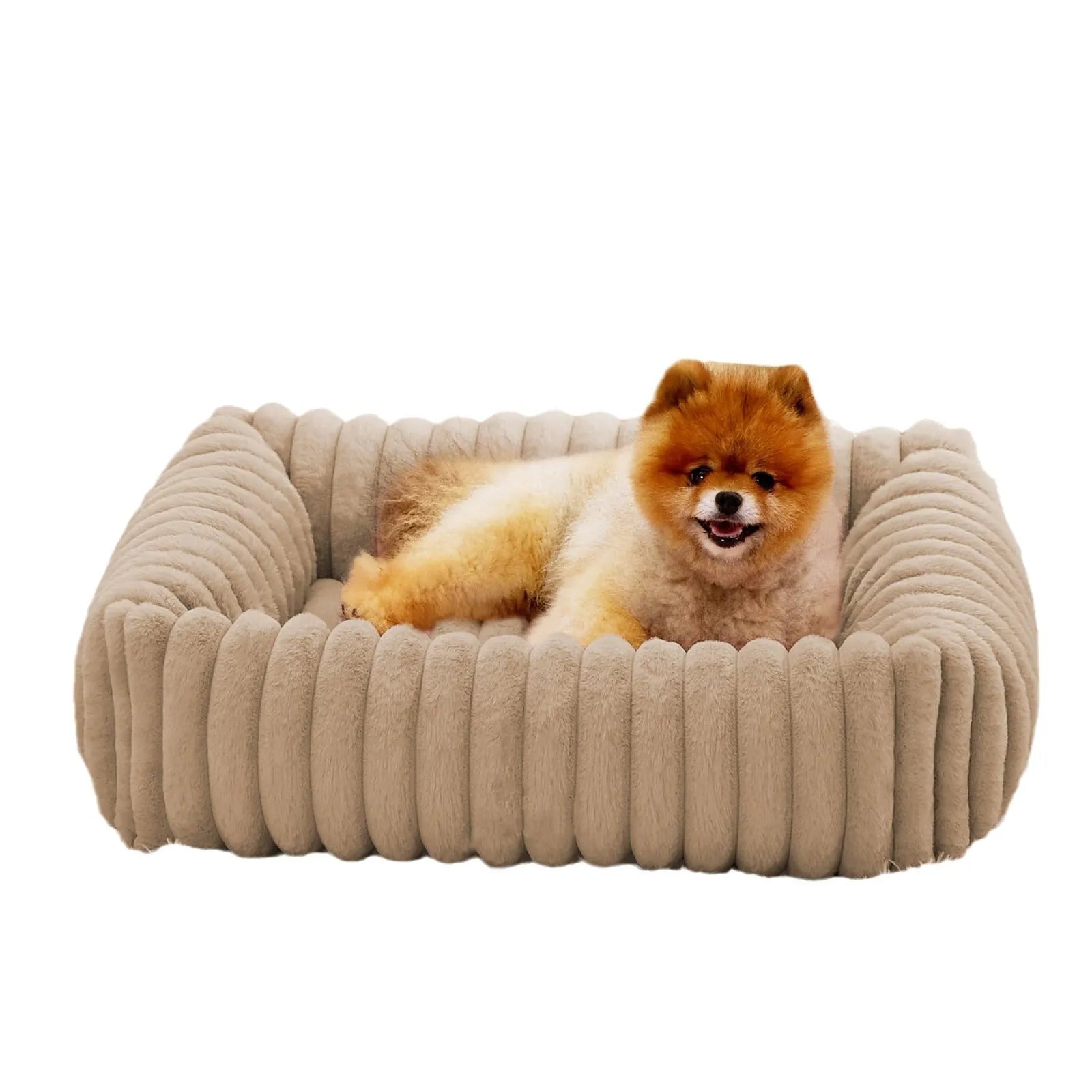 Rectangular orthopaedic dog bed with raised edges in beige colour showing high-density foam filling