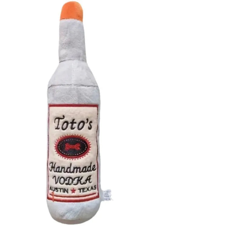 Brown plush dog toy shaped like a wine bottle with squeaker for chew play