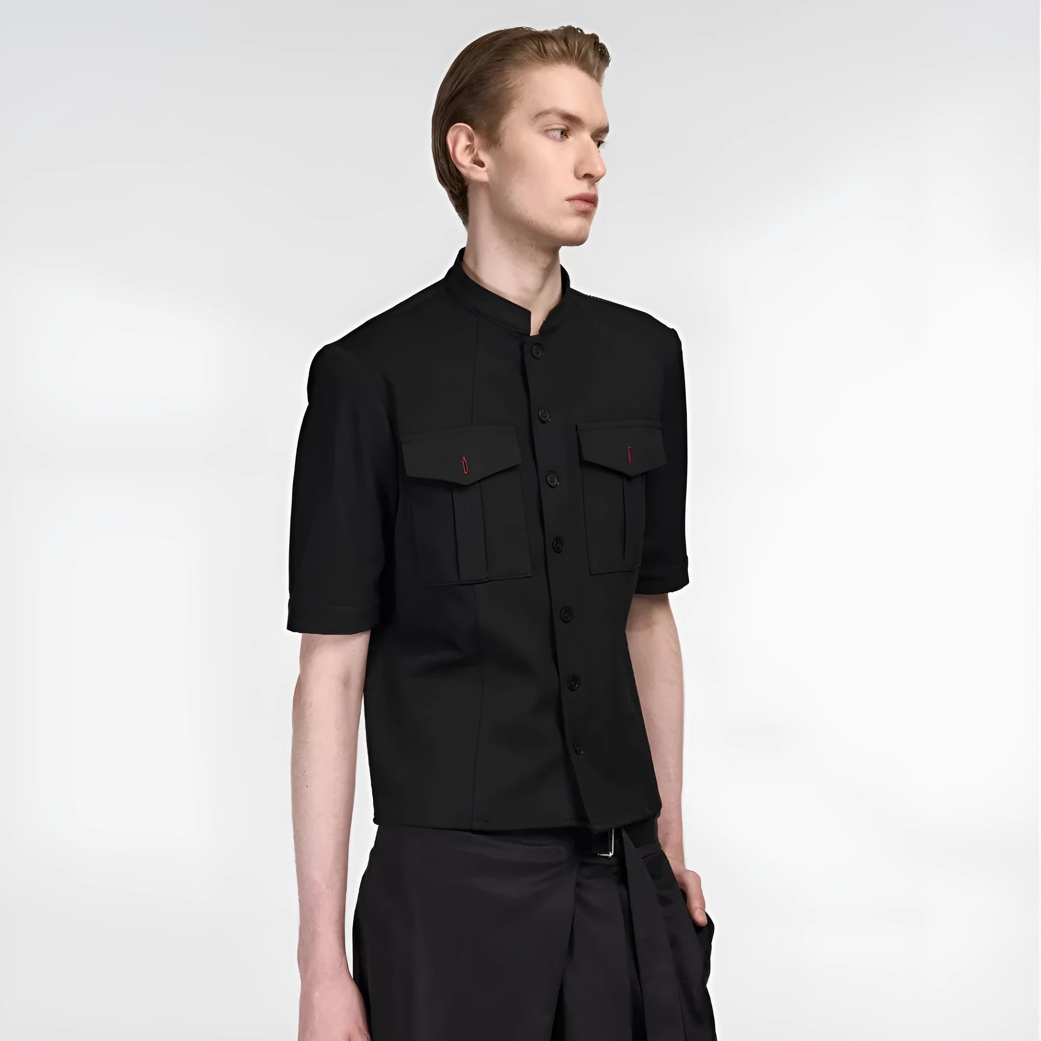 Black handmade half sleeve hunting shirt with shirt collar and single-breasted placket