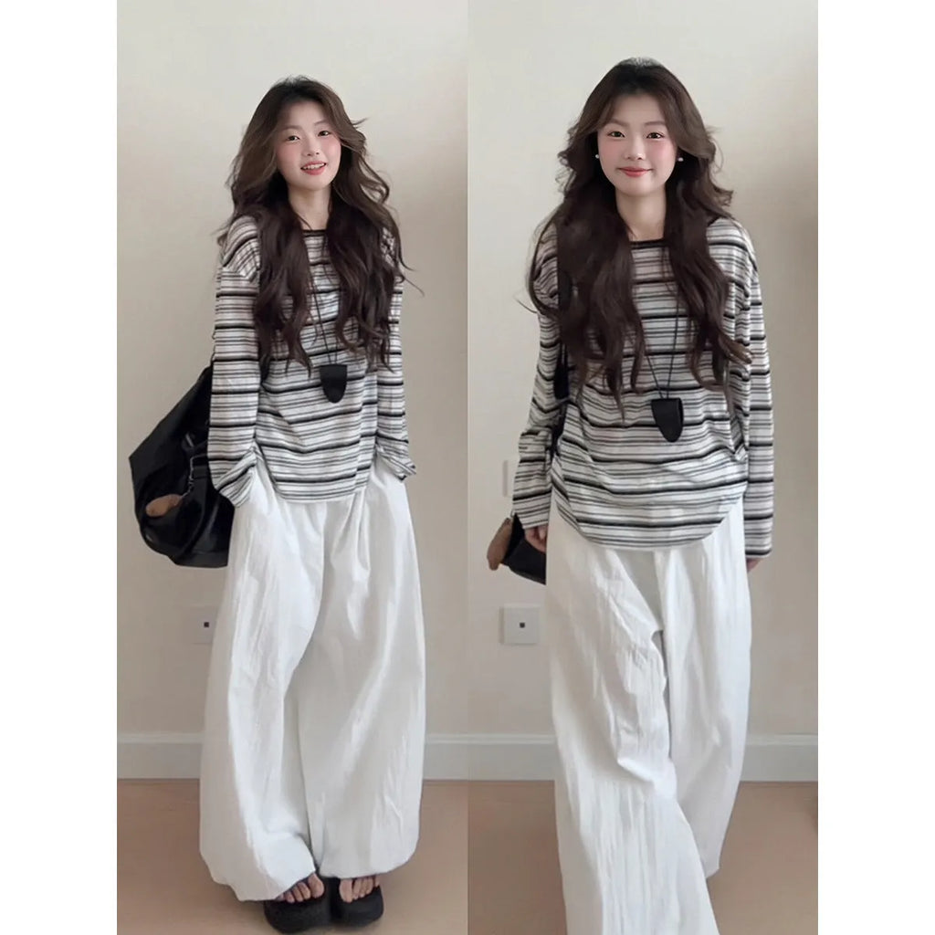 Black stripes long sleeve polyester t-shirt with relaxed fit for women