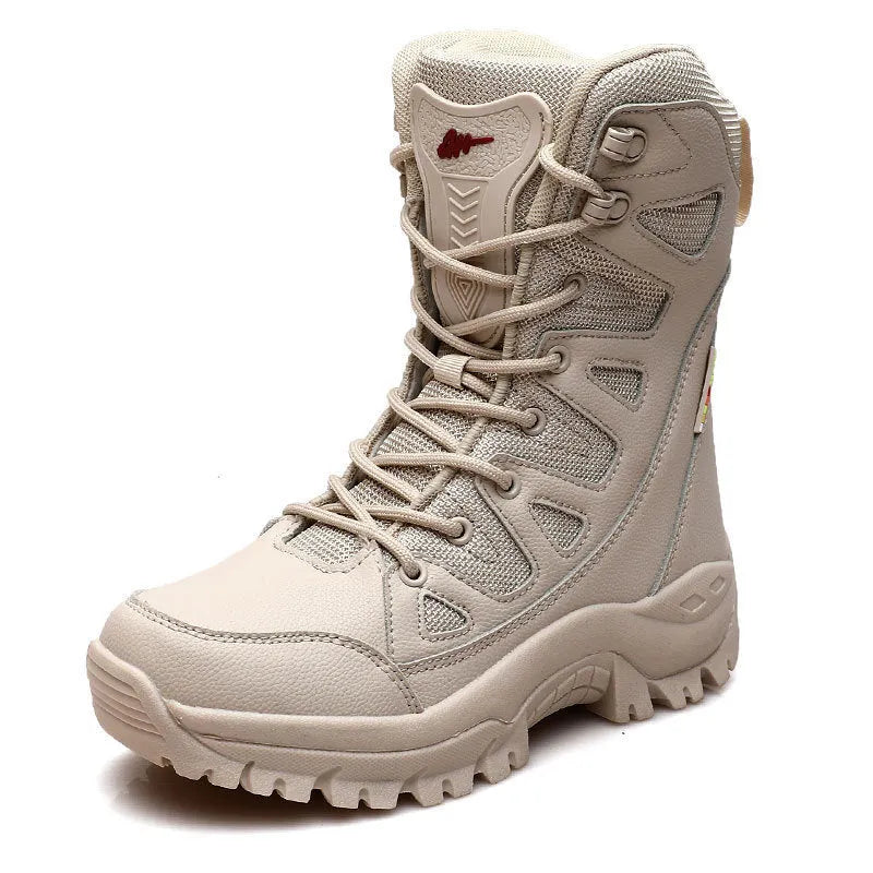 Men's beige cowhide leather hi-top hiking shoes with a platform sole on a neutral background.