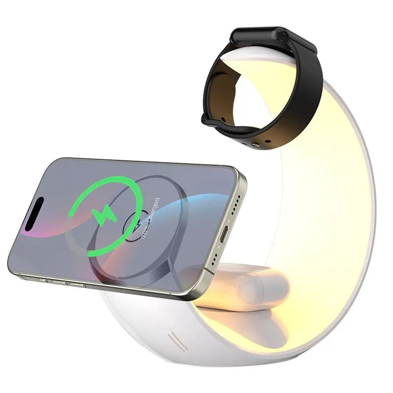 Four-in-one wireless magnetic charger desk lamp in white with phone, headphones and watch charging zones