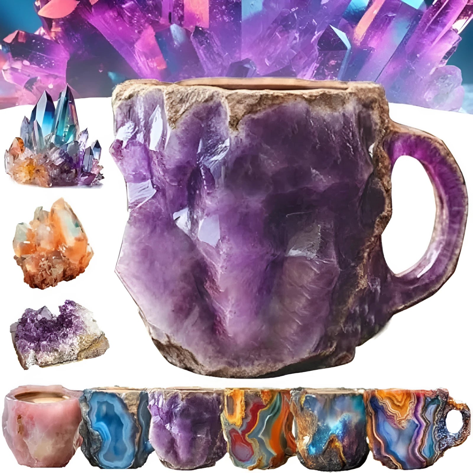 Resin mineral crystal coffee mug with handle showing clear design and colour options